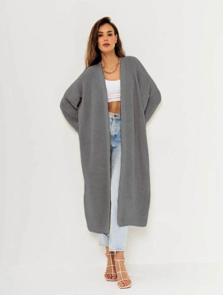 Women's oversized open-front ribbed knit cardigan long cozy layering style neutral tones