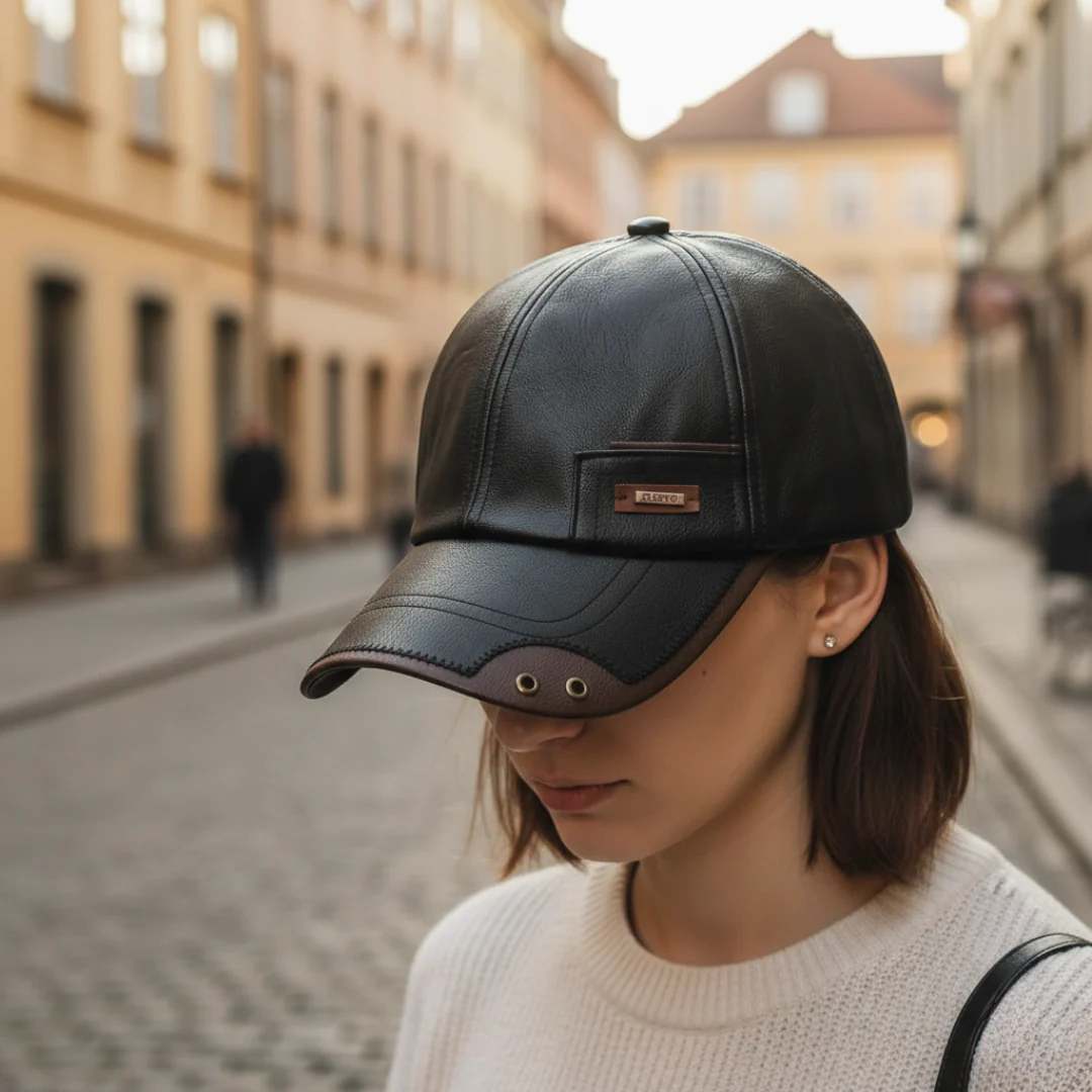 Black faux leather unisex baseball cap with curved visor and adjustable back closure