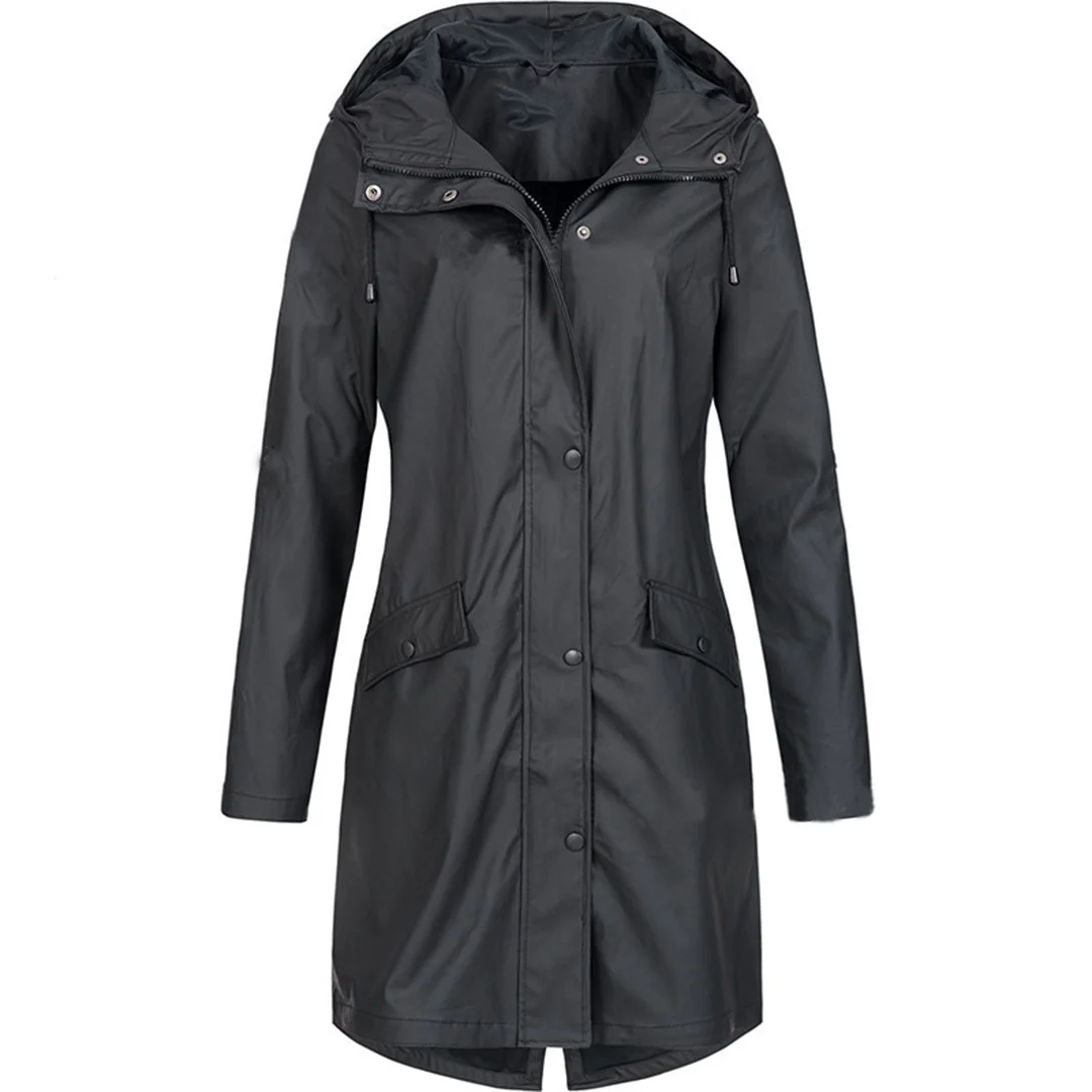 Women's tailored rain jacket with hood and button closure, water-repellent slim fit for stylish protection