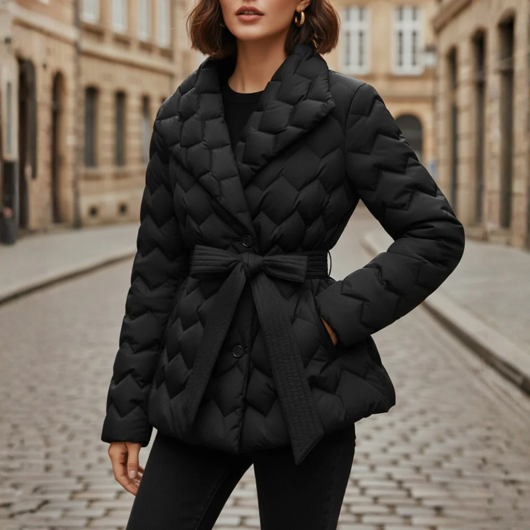 Women's waterproof quilted coat with belt, tailored fit, classic silhouette for autumn winter