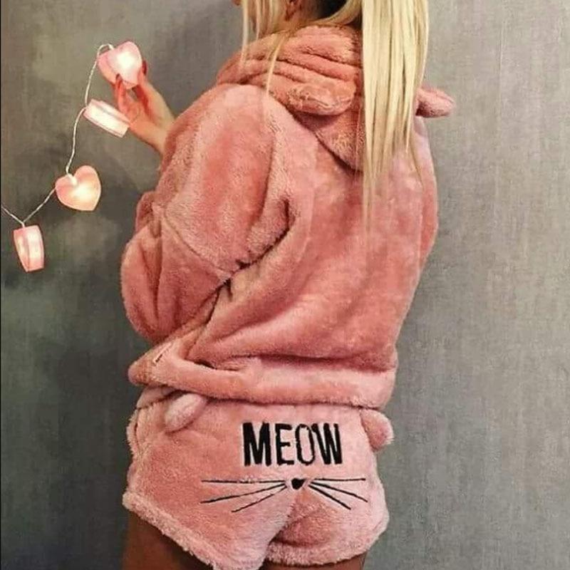 Women's cat ear hoodie pajama set with shorts, cozy playful sleepwear featuring whimsical feline motif