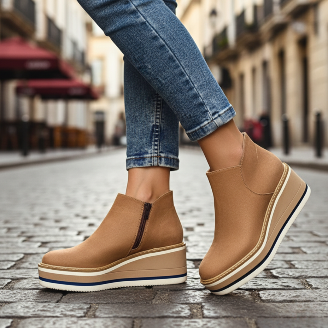 Women's black faux leather ankle boots with side zipper and stable wedge heel for everyday wear