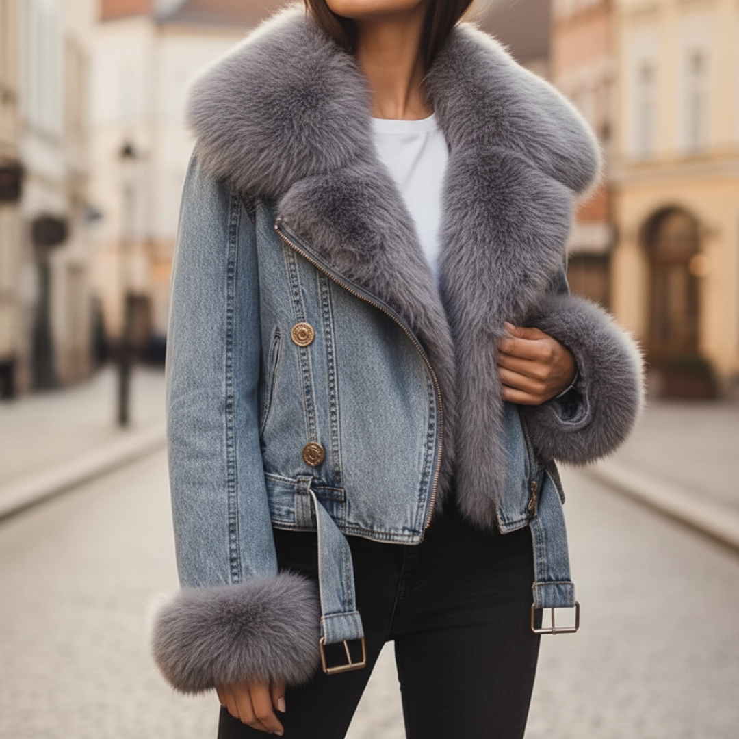 Women's blue gray denim jacket with fur collar, cozy winter outerwear for casual dressy style