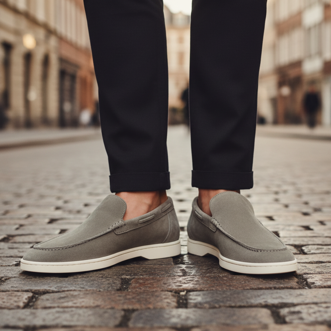 Men's suede slip-on moccasin loafers with rubber sole, casual comfort style and visible stitching