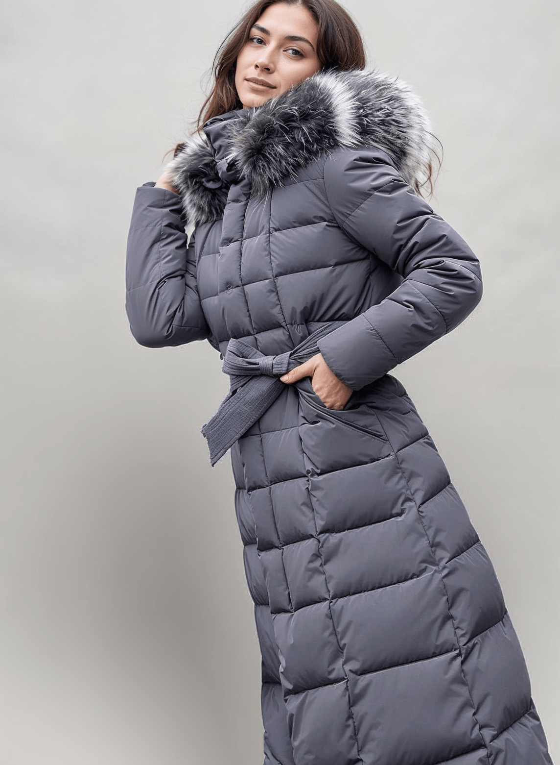 Women's long puffer jacket with belted waist, hood, and side snap buttons for winter warmth
