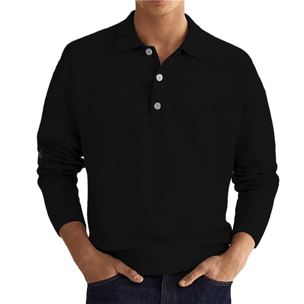 Men's minimalist long sleeve polo shirt with three-button placket, clean classic collar casual fit