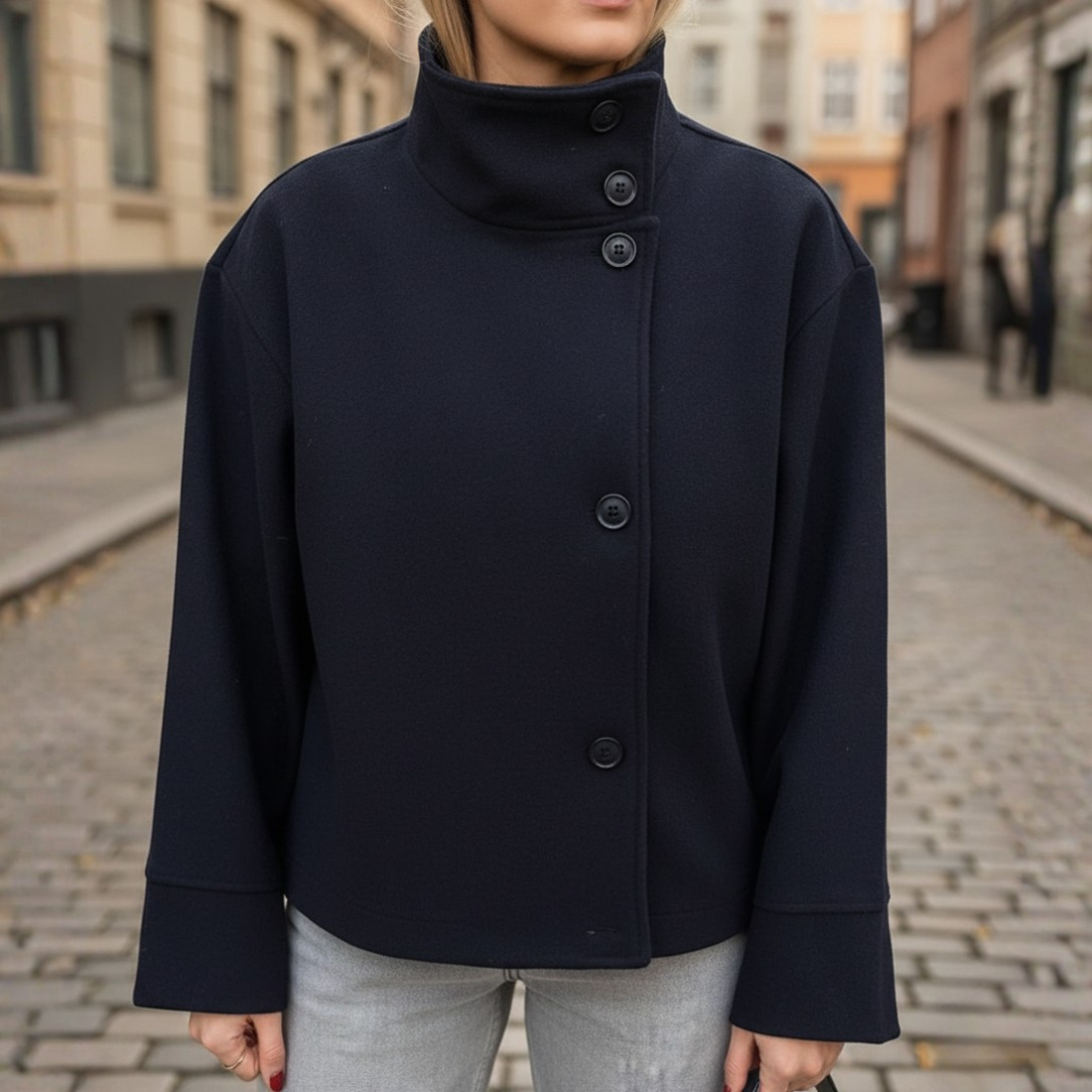 Brown women's elegant coat high collar button closure polyester versatile office casual slim fit