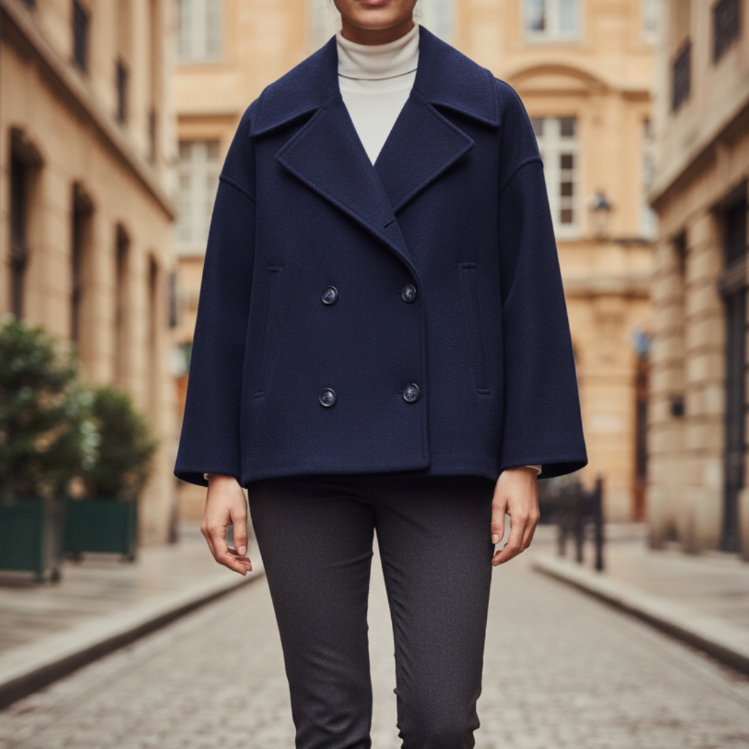 Women's short double-breasted jacket mixed material wide lapel structured modern silhouette versatile layering
