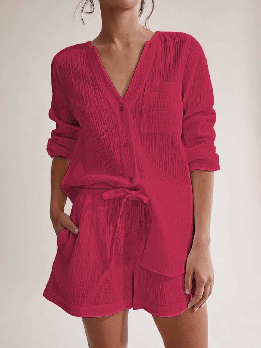 Women's cotton lounge set notched long sleeve top and relaxed shorts cozy two-piece casual style