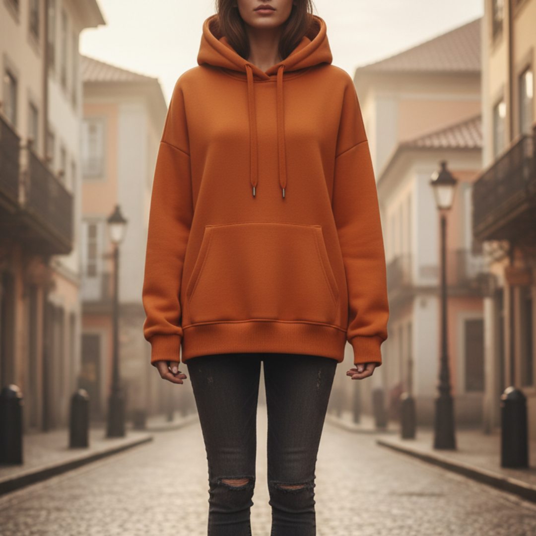 Women's casual hoodie sweatshirt in orange soft fabric with adjustable hood and front kangaroo pocket