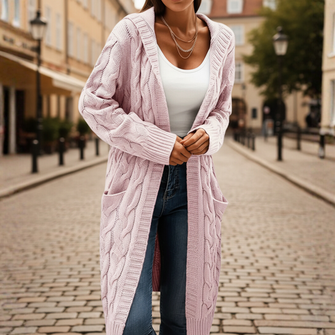 Women's long knit cardigan with pockets in light gray, cozy braided texture, relaxed everyday fit