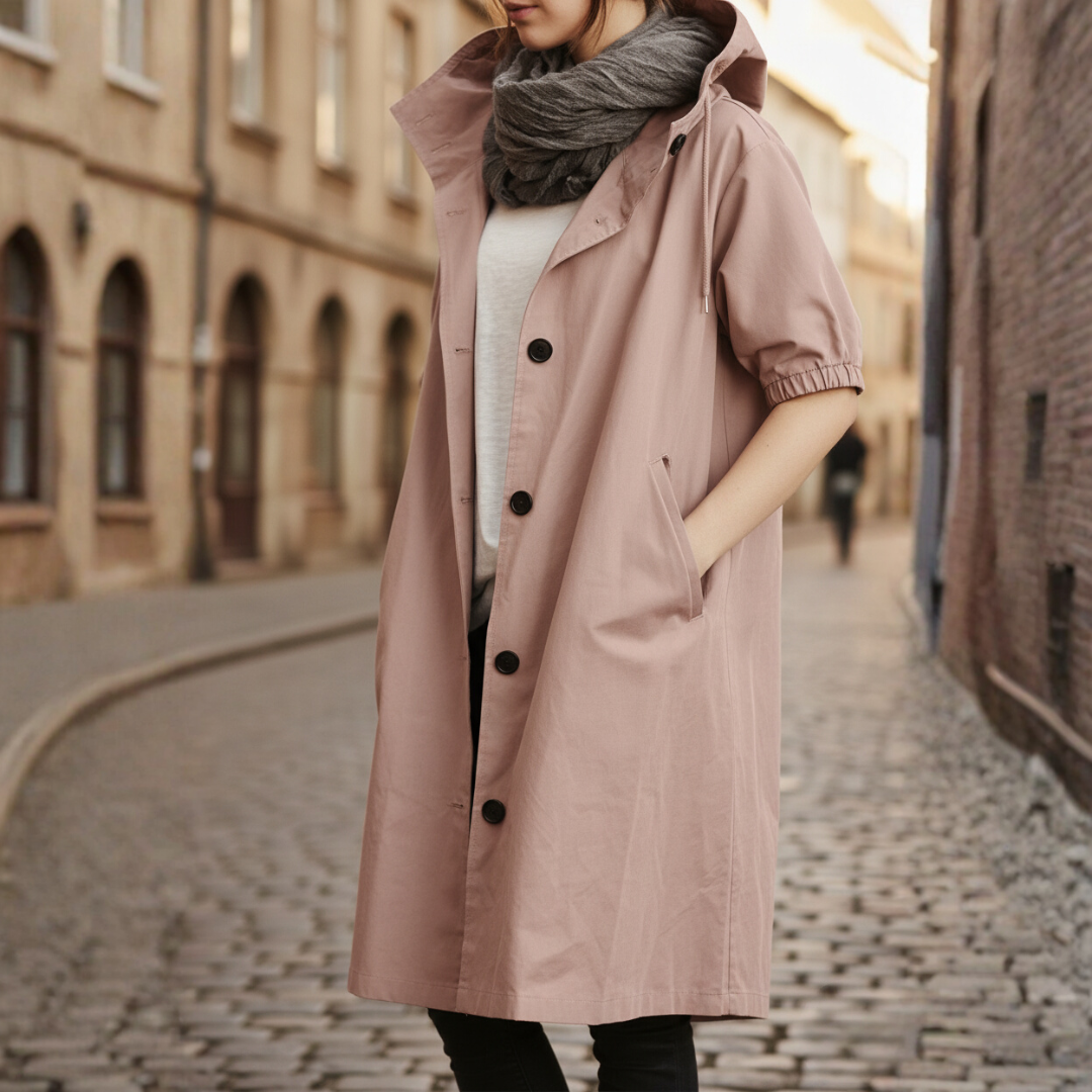 Women's waterproof hooded coat high collar button closure casual all-weather outerwear