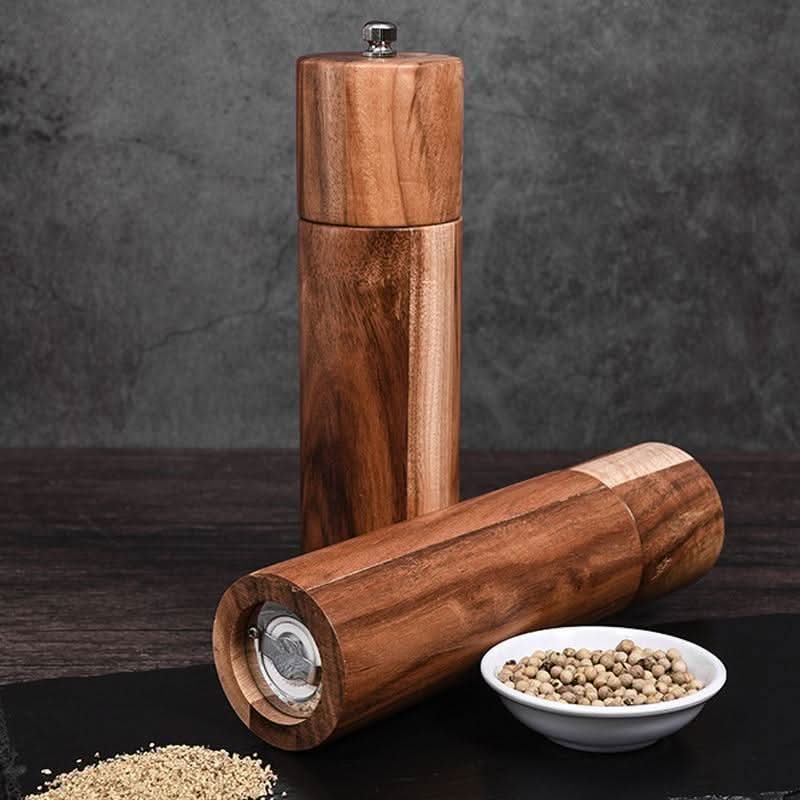 Acacia wood salt and pepper grinder set with stainless steel lids, rustic adjustable mills for home chefs