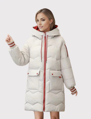 Women's black hooded puffer jacket longer cut full zip with spacious pockets for city walks