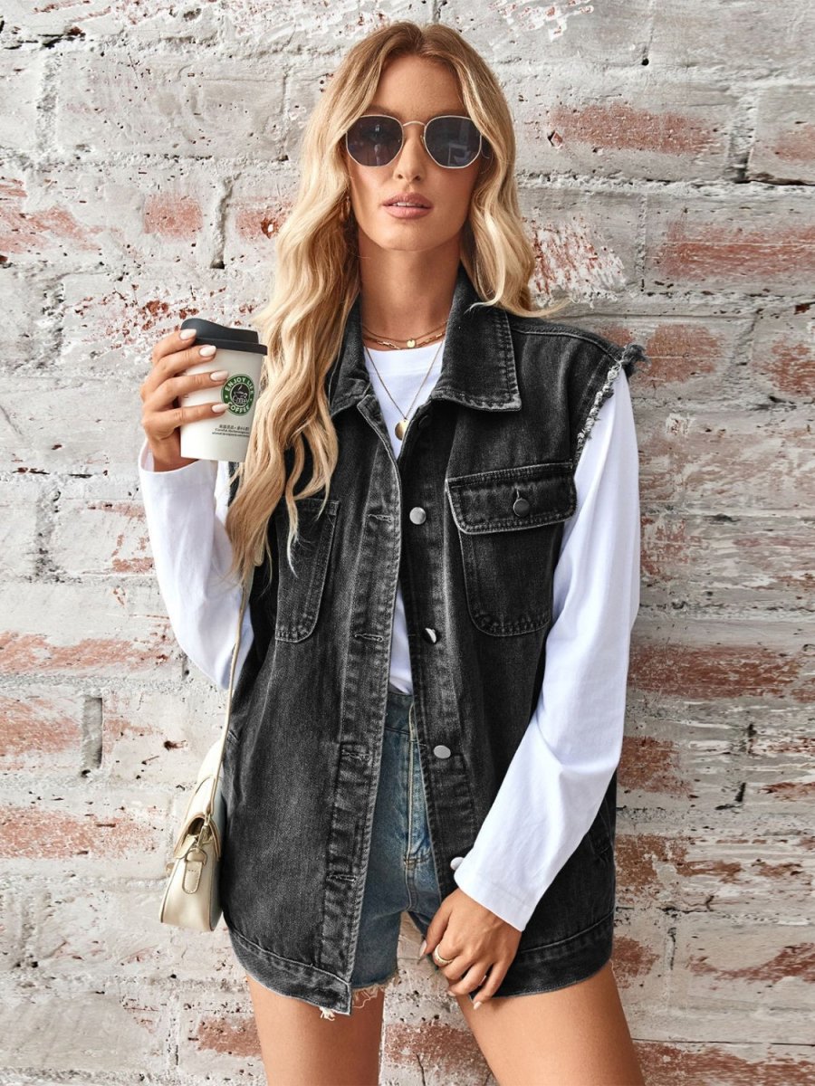 Sleeveless denim jacket raw hem button-up streetwear vest bold edgy festival style