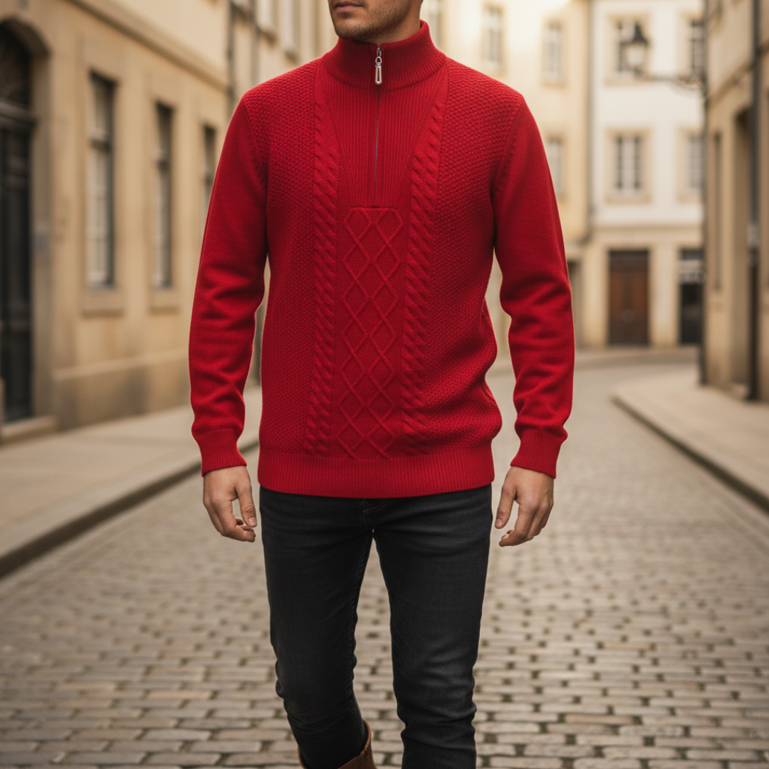 Men's beige half-zip knit sweater with textured design, slim casual cut for everyday warmth