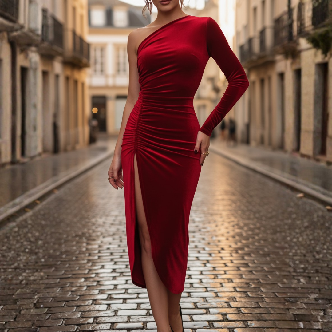 Strapless long evening dress with single shoulder strap, elegant side slit, blue green red soft fabric