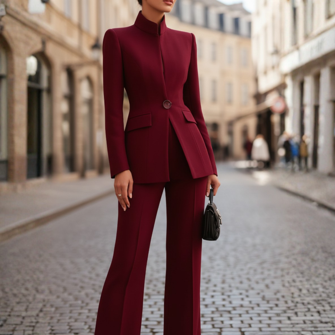 Women's black tailored wide-leg pant suit set elegant blazer professional polyester formal wear