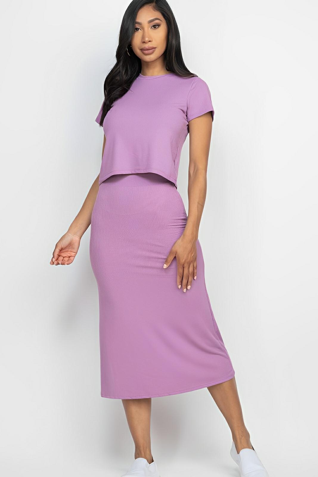 Women's ribbed knit short sleeve top and midi skirt set, form-fitting two-piece in neutral stretch fabric