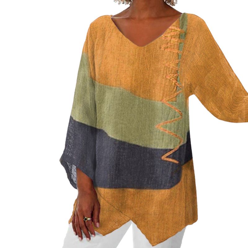 Women's chic loose-fit V-neck patchwork blouse with asymmetric hem and layered multi-panel design