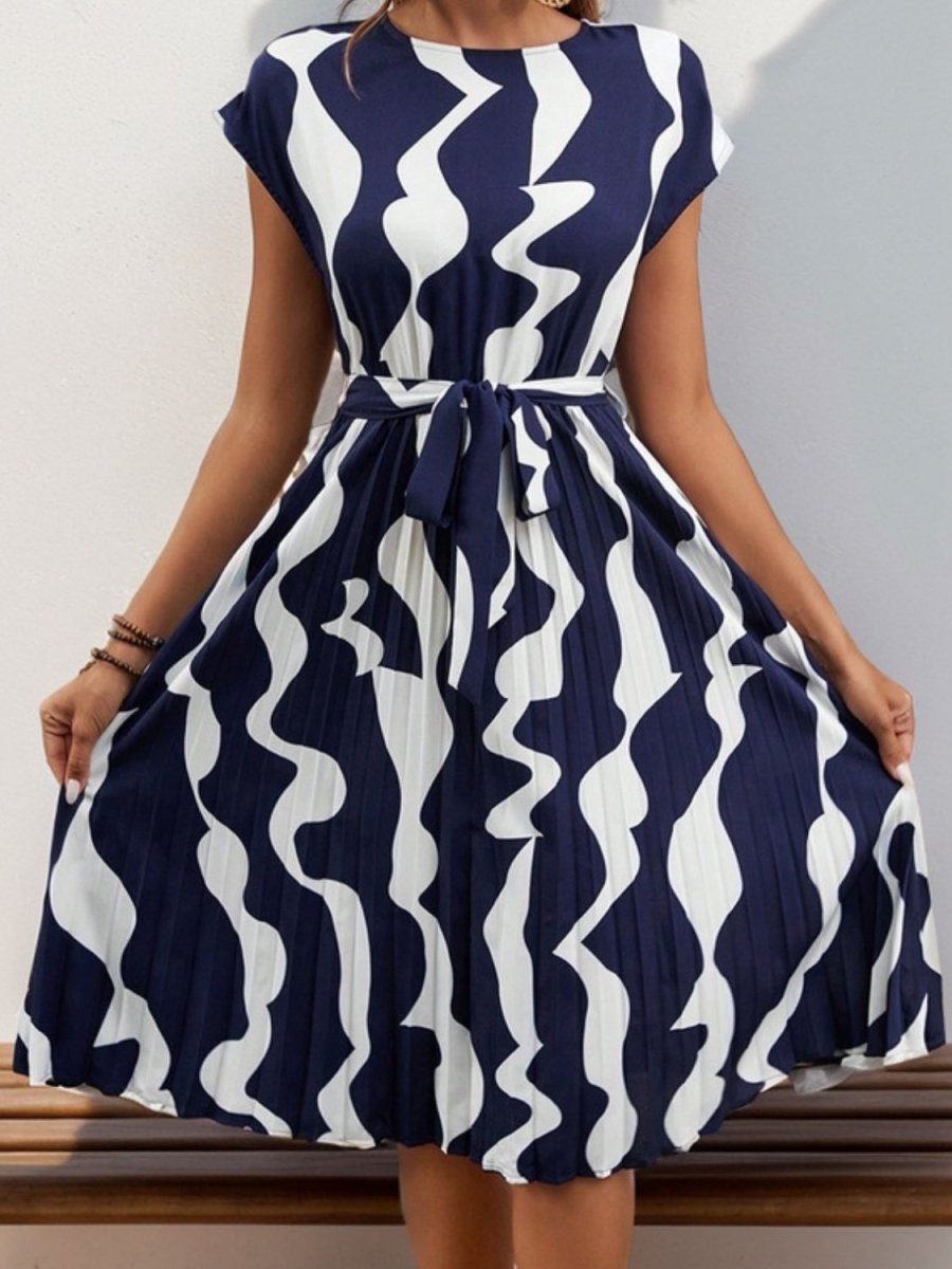Floral pleated cap sleeve dress with adjustable tie waist, elegant feminine silhouette for everyday wear