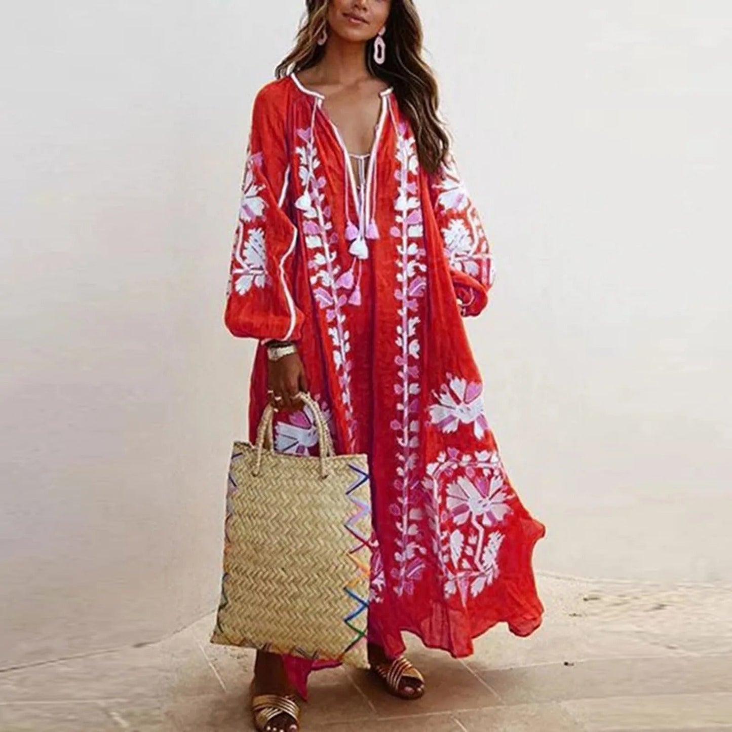 Boho embroidered maxi dress for women, relaxed fit breathable fabric with artisanal floral detailing