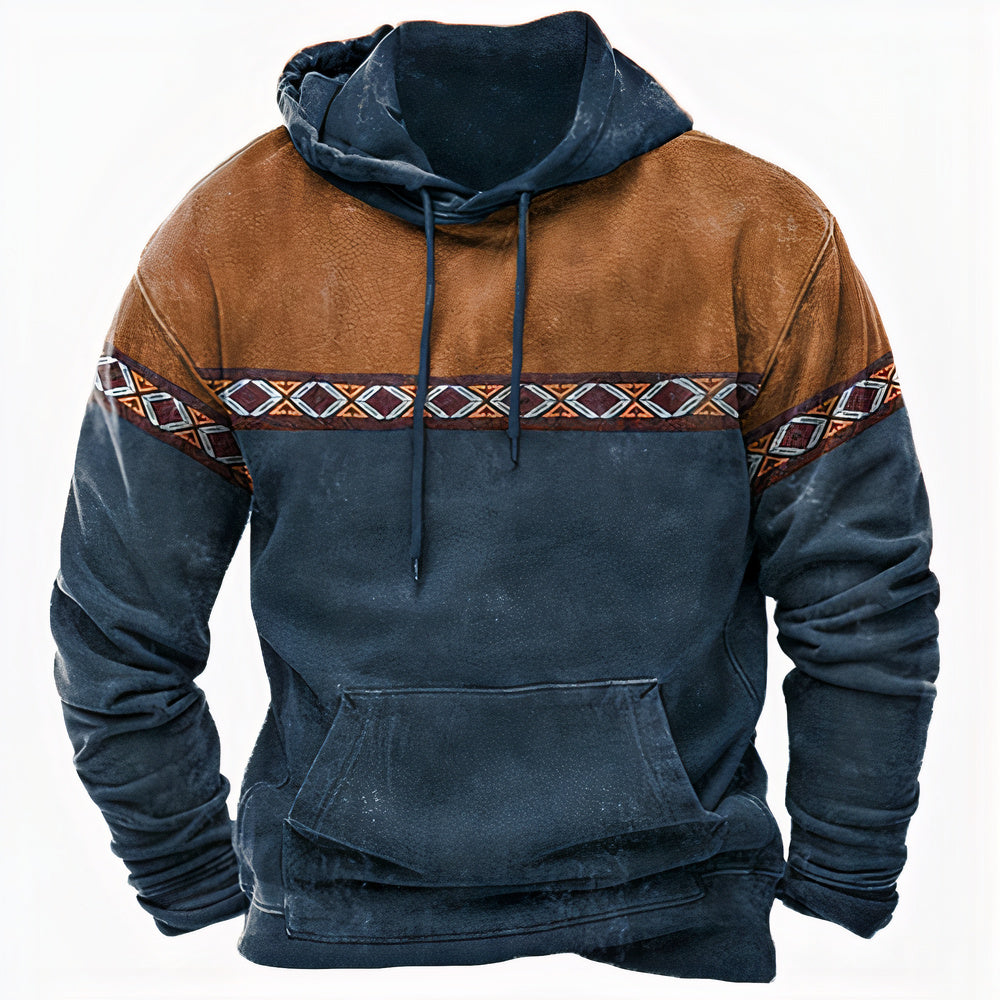 Men's retro colorblock hoodie with tribal-style detailing, bold vintage-inspired design for cozy warmth