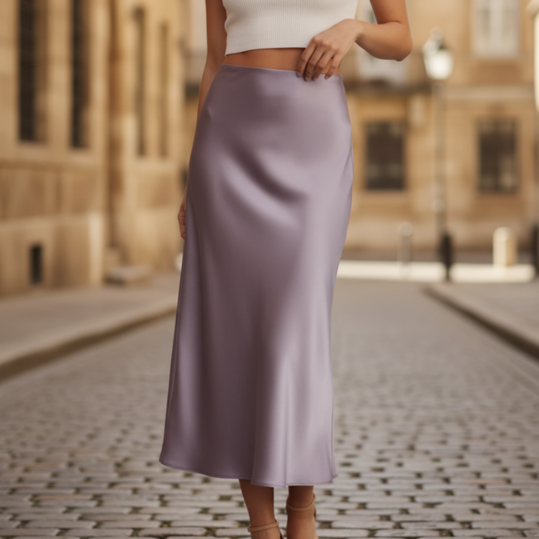 Women's satin maxi skirt in fluid full-length silhouette, available in black, blue, red, and green