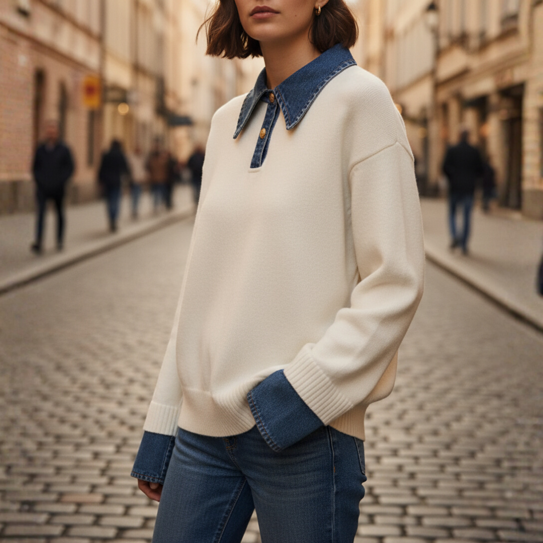 Women's casual knit sweater with structured denim collar accent, soft comfortable everyday style