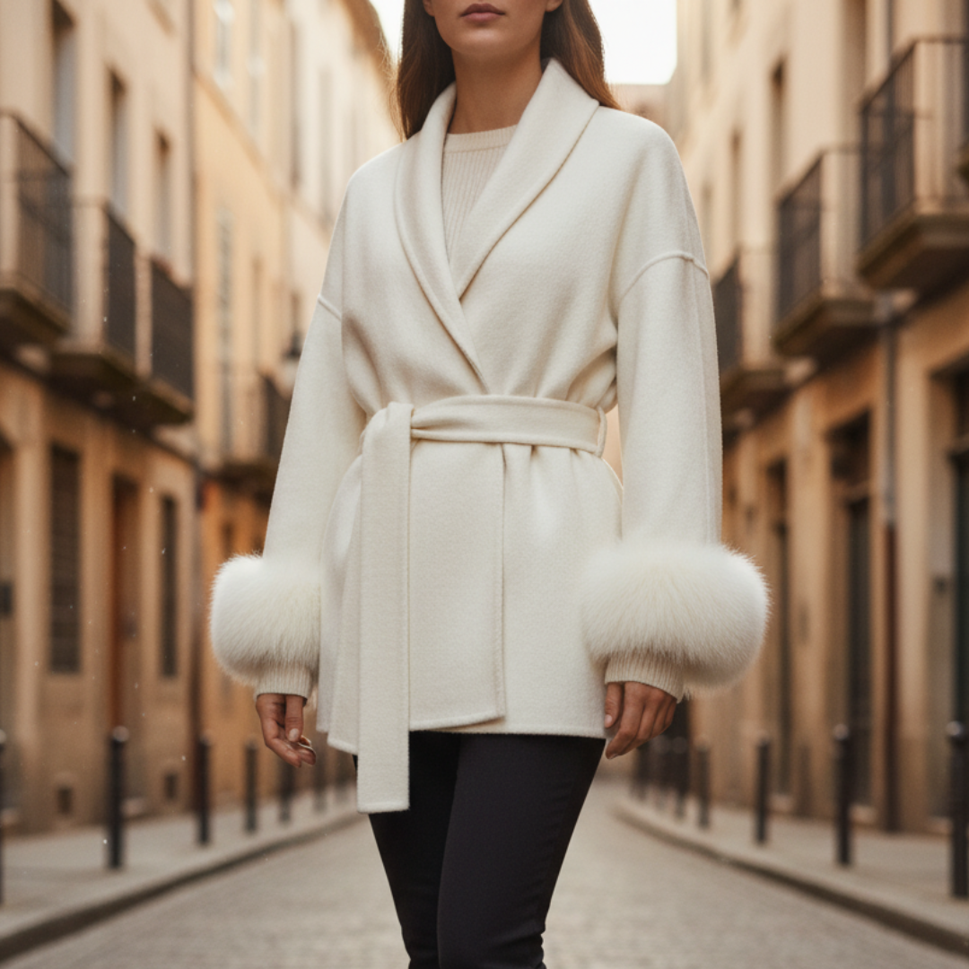 Women's short faux fur belted coat elegant winter wear sophisticated silhouette multiple colors