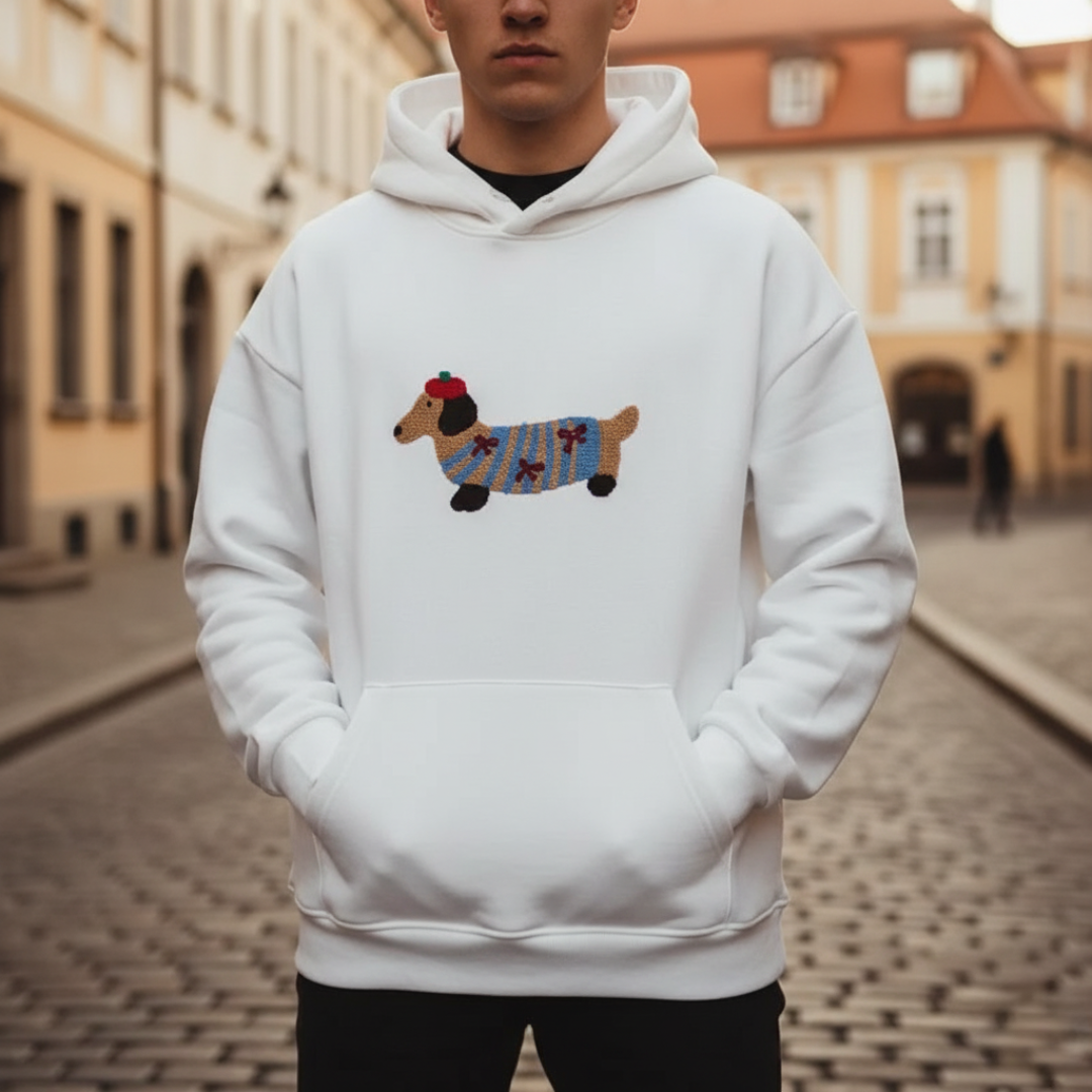Gray unisex puppy sweatshirt relaxed fit soft polyester embroidered chest logo casual dog lover top