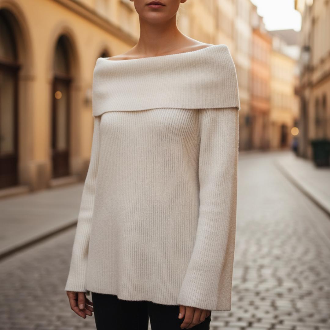 Women's off-shoulder ribbed knit top blended fabric fitted silhouette wide folded neckline casual chic