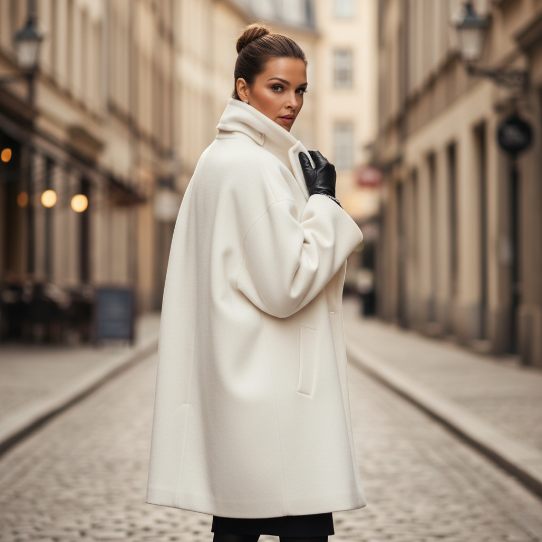 Long women's elegant winter coat, belt-free classic cut with button closure, loose flattering silhouette