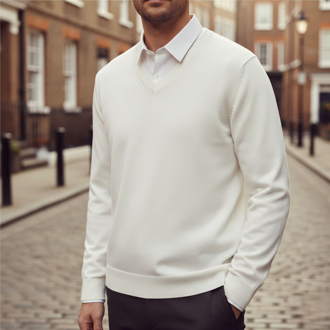 Men's classic V-neck sweater soft knit fabric regular fit versatile layering essential for office or casual wear