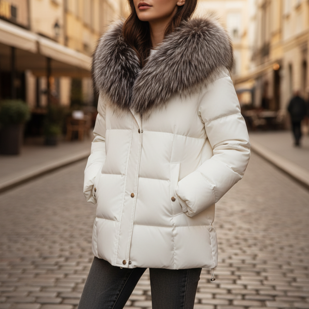 Women's padded down jacket technical fabric lightweight silhouette wide synthetic fur collar cold weather