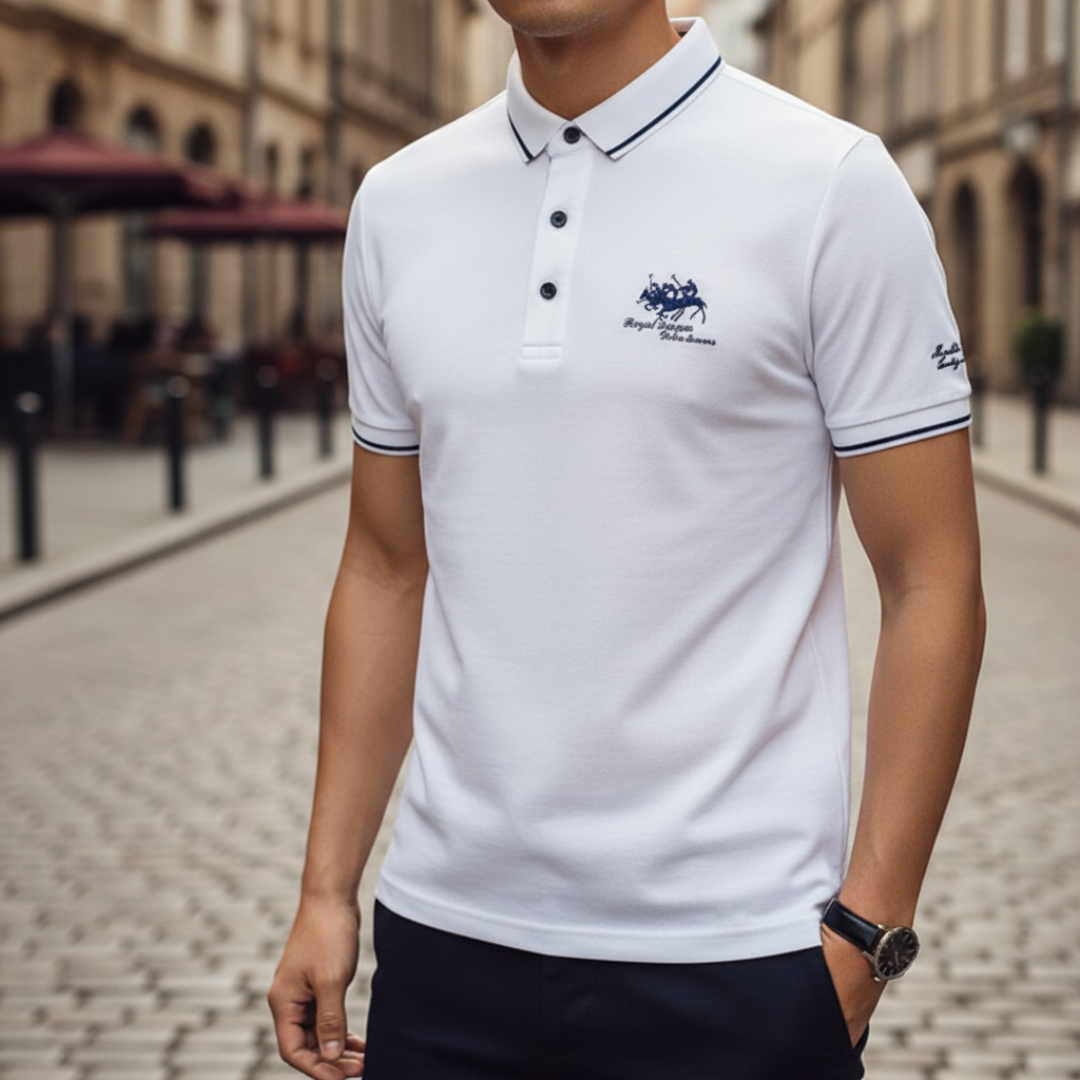 Men's classic regular fit polo shirt with ribbed collar and contrasting striped sleeve detail