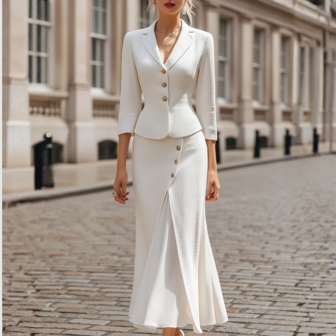 Black white structured fabric women suit set jacket decorative button closure midi skirt professional