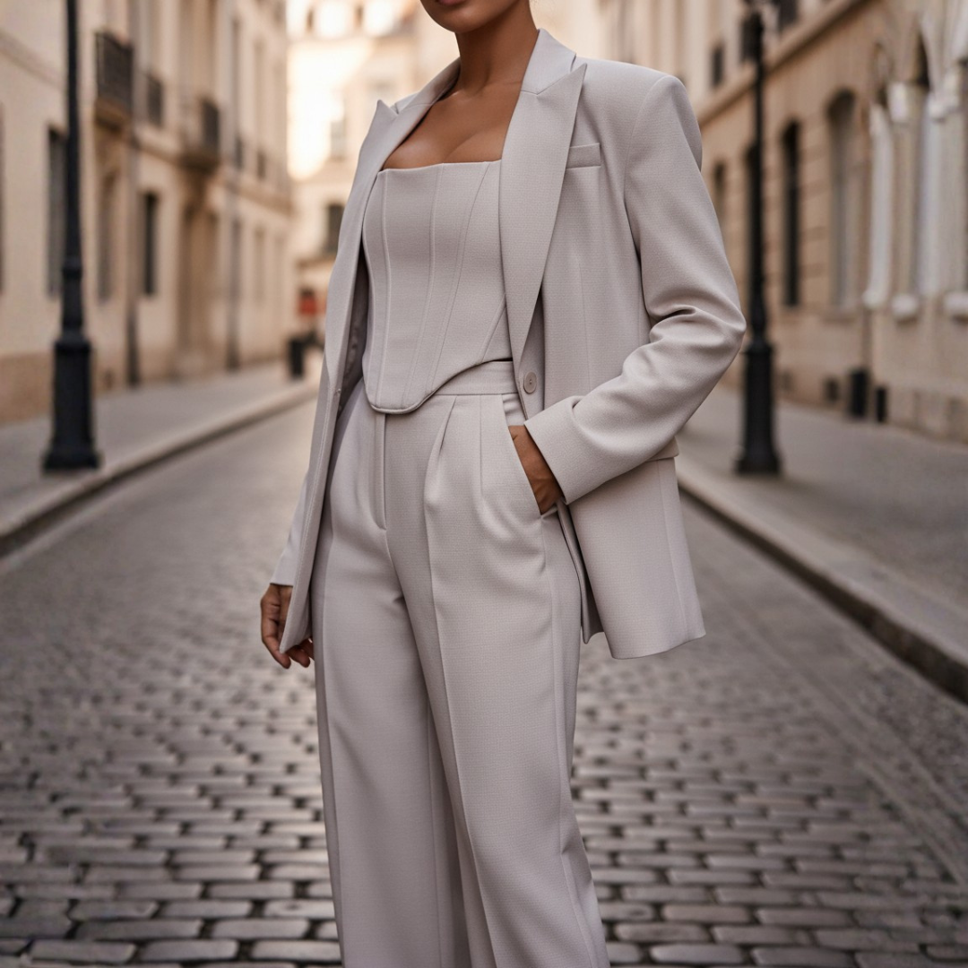 Gray structured 3-piece women's suit oversized blazer corset top wide-leg pants professional set