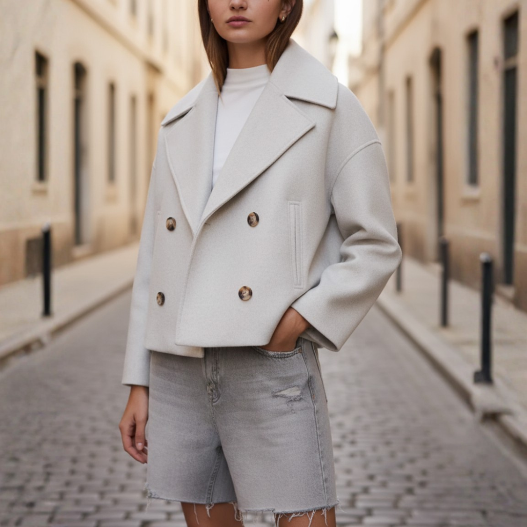 Women's cropped double-breasted jacket mixed fabric classic lapels structured everyday fit