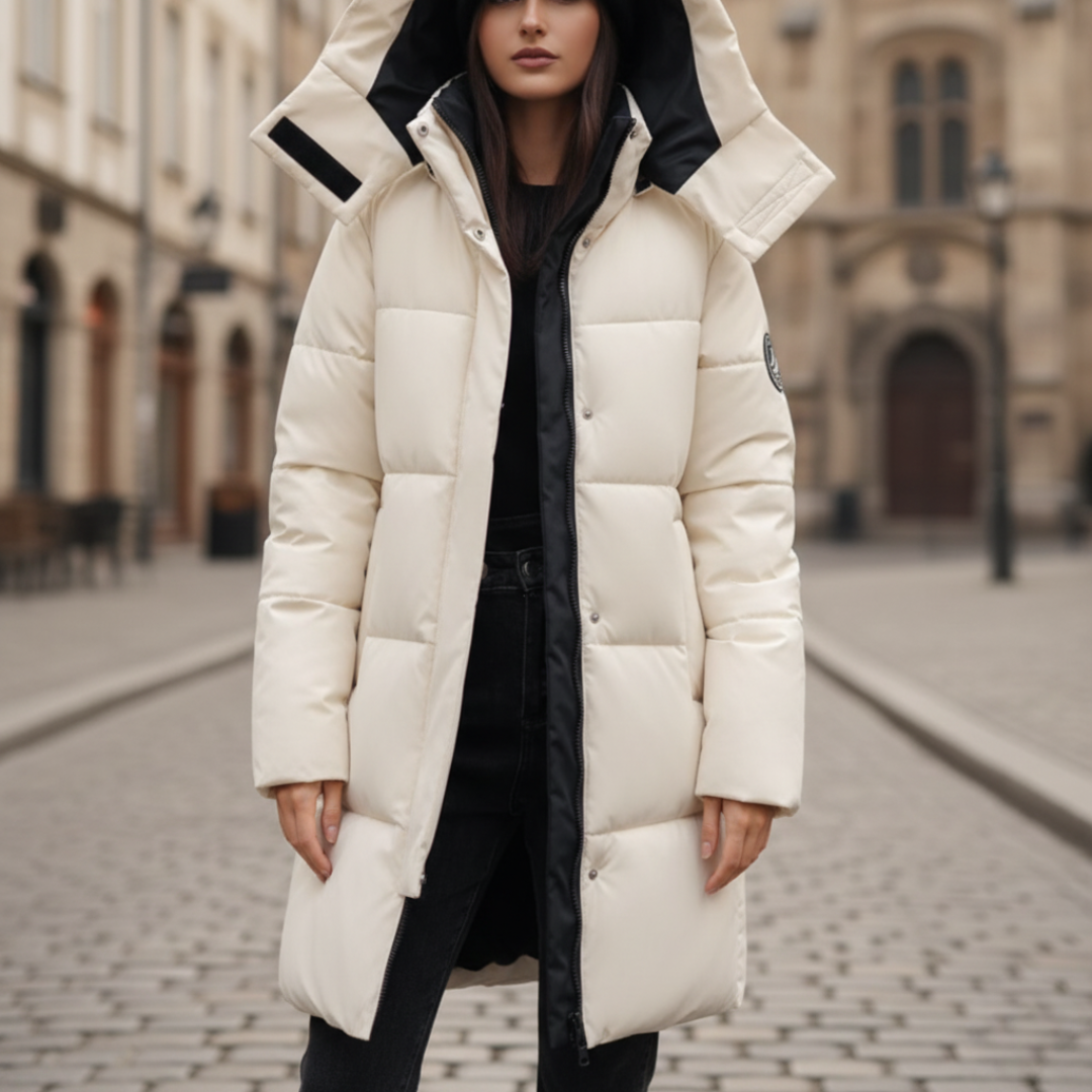 Women's black padded parka with hood, warm winter coat featuring quilted insulation for cold weather