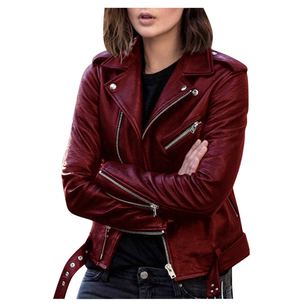 Women's black biker jacket asymmetric zipper belted waist sleek casual elegant slim fit