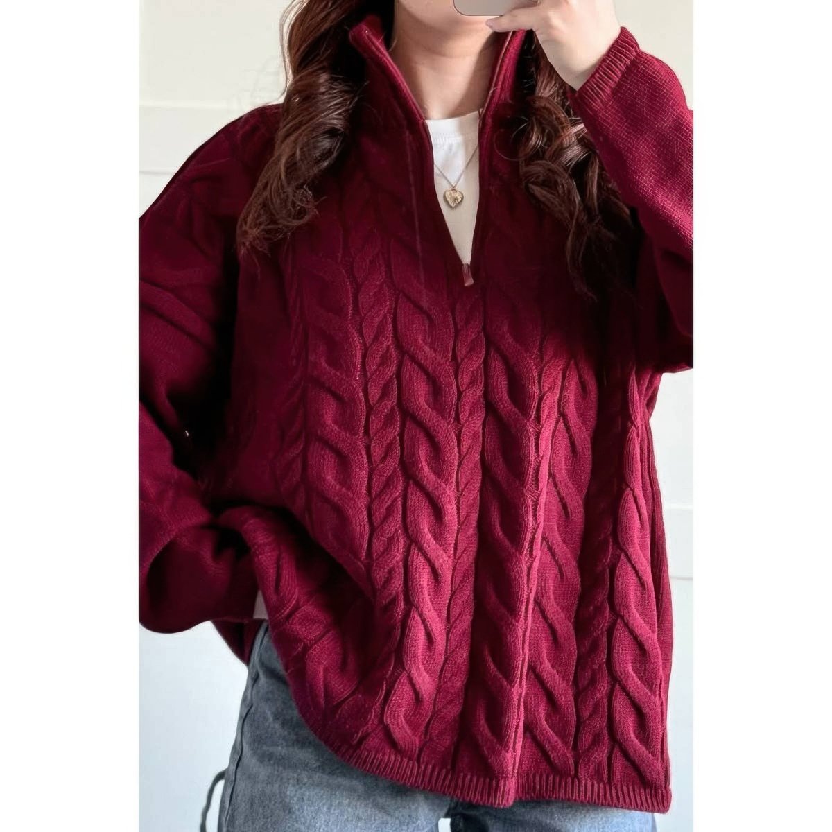 Women cable knit half-zip loose fit sweater in neutral tone with classic textured pattern