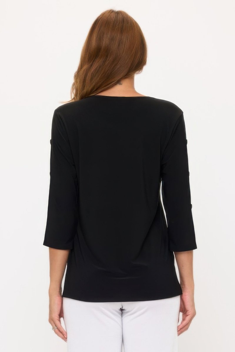 Women's casual button sleeve top with round neckline, side button detail, versatile chic comfort fit