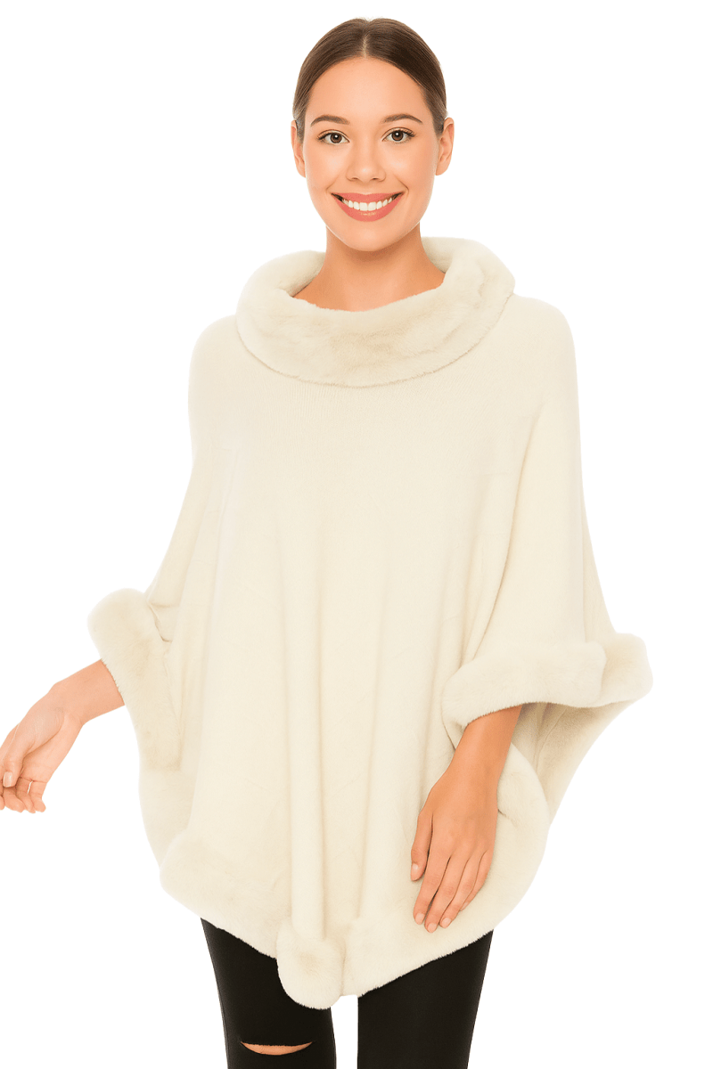 Black faux fur trim poncho women open-side relaxed silhouette luxurious plush edging elegant outerwear
