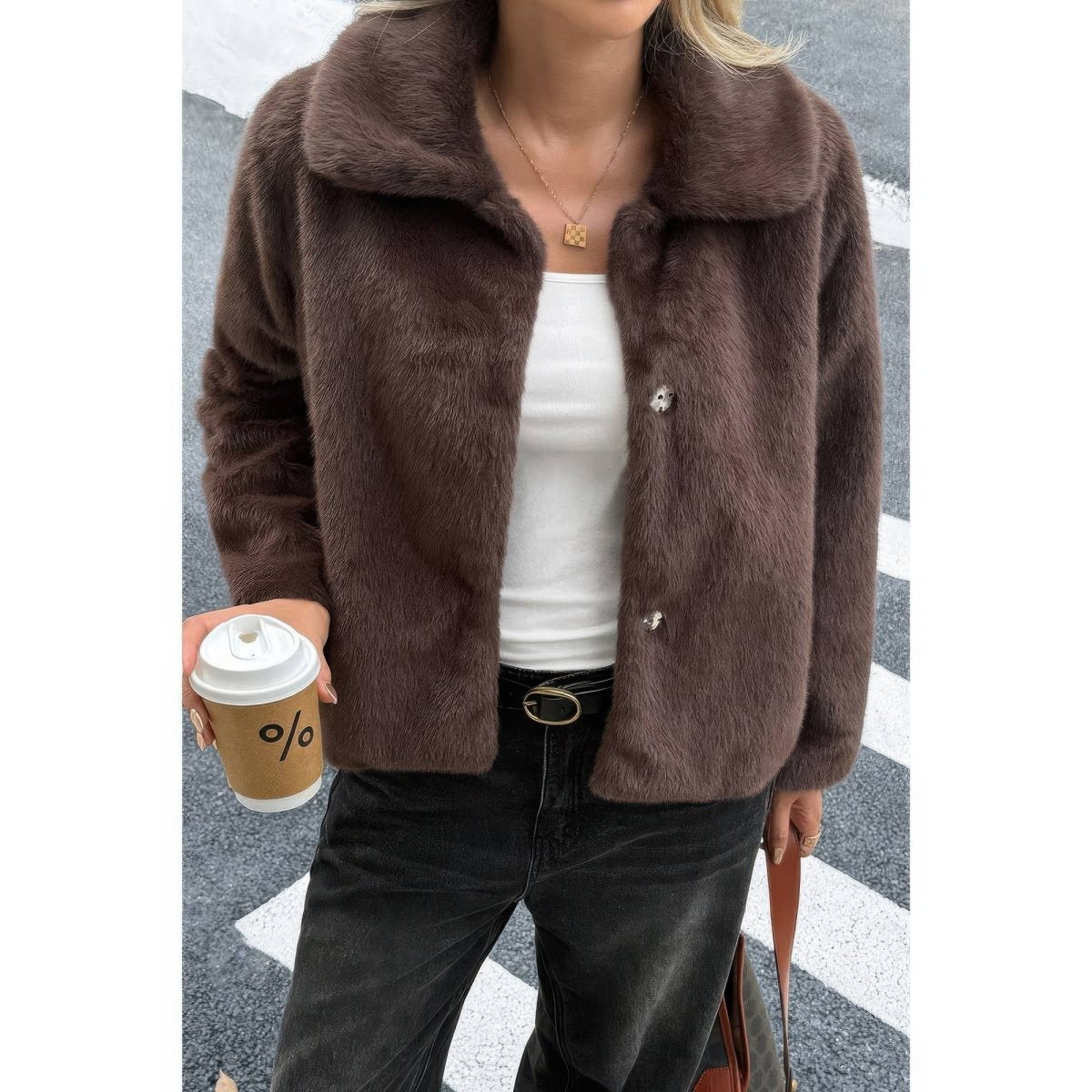 Women's cropped faux fur jacket, plush texture, button-front closure, chic fall outerwear