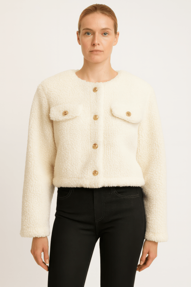 Women's cropped faux shearling jacket with button front, plush texture, cozy modern fit