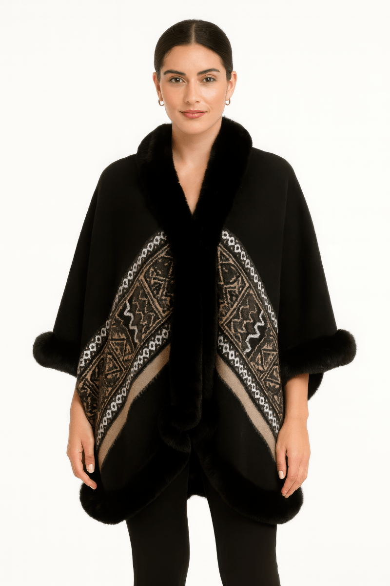 Women's Elegant Faux Fur Trim Cape with Geometric Border - Urbann-Vibe