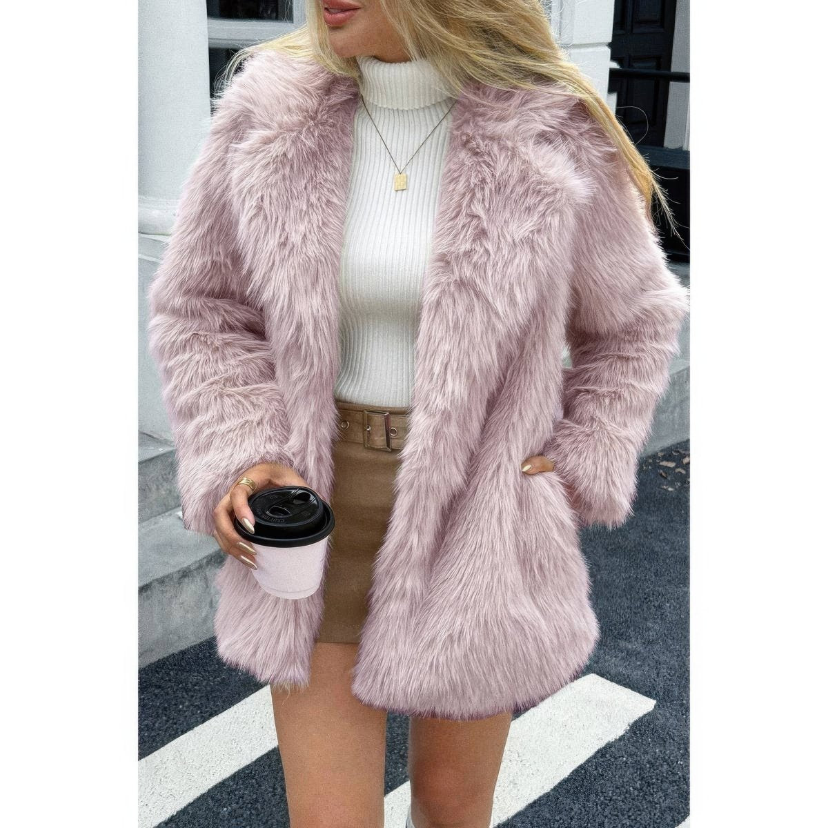 Women's ivory faux fur open-front lapel coat cozy fleece winter outerwear relaxed silhouette