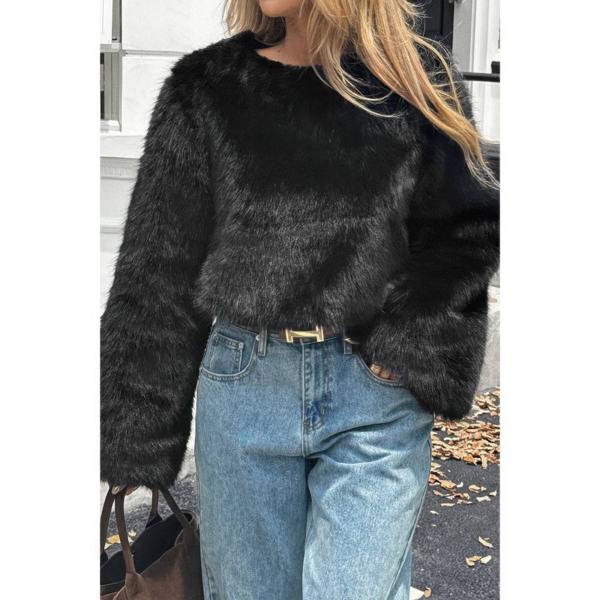 Women's beige faux fur quarter-zip pullover coat with plush finish and modern silhouette