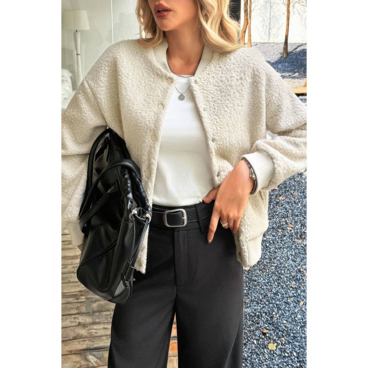 Women's faux sherpa teddy bomber jacket cozy plush texture casual everyday warmth
